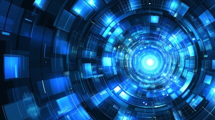 Poster - Blue hologram circle with glowing ring. Shine ring. Science fiction. Space tunnel. Empty hole. Glow portal. Astral. Bright disc. Excellent for hi tech, science or technology projects.