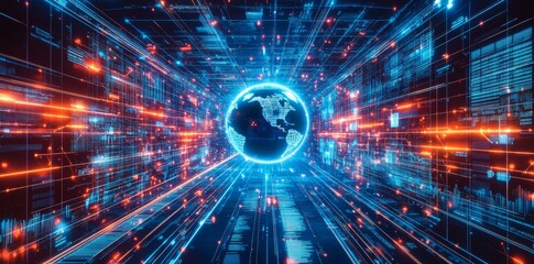 Fototapete - The concept of global network connection and innovation is represented by a screen texture of abstract global stats data on a digital interface on a dark ethereal background, and a world map on a