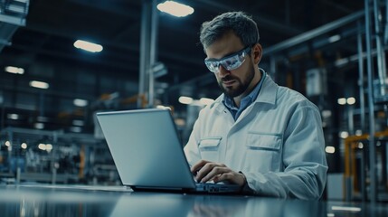 Poster - Industrial Engineer Working on Laptop in Factory Setting