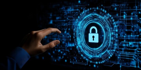 Poster - Online data security and privacy for email, credit cards. Data encryption and password protection. Finger-touch futuristic holographic lock icon on the HUD.