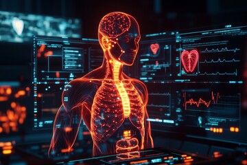 Poster - Ai-generated illustration showing a hologram of the human body and modern medical science in the future.
