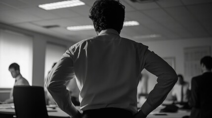 Aufkleber - A Man in a White Shirt Stands in a Meeting, Looking Away from the Camera