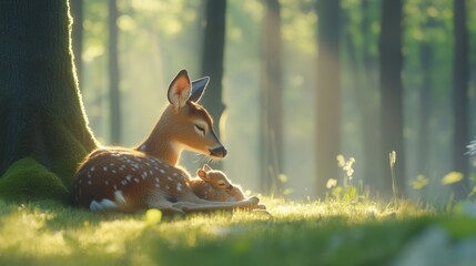 Poster - A serene scene of a deer and its fawn resting peacefully in a sunlit forest.