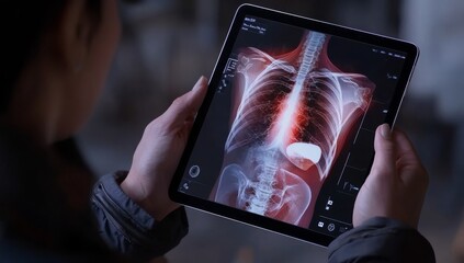 Poster - Stock photo of a doctor holding a digital screen with a projection of a hologram of a human body.