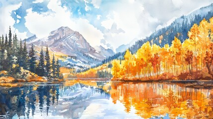 Wall Mural - watercolor of beautiful lake in colorado with a mountain in the background on a sunny day in the fall with fall aspen trees and evergreens 