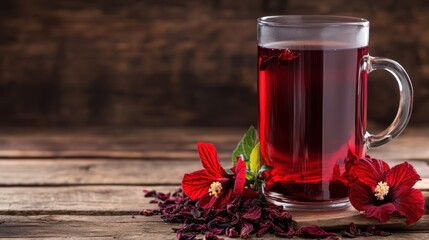 Glass of Hibiscus Tea with Dried Hibiscus Flowers on a Rustic Table