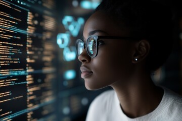 Poster - The future screen, statistics, and the night woman reading the data analysis of a fintech insight hud, administration, or bank accounting. A business analyst and a black accountant review the chart