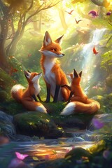 Wall Mural - A serene forest scene featuring a family of foxes by a waterfall, surrounded by vibrant nature.