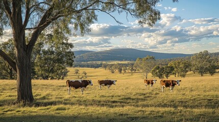 Canvas Print - Rural Landscape with Cows Grazing Under a Clear Sky