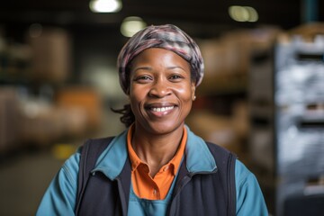 Wall Mural - Portrait of a joyful middle aged female warehouse worker