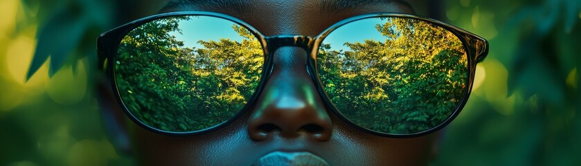 close up portrait of person wearing sunglasses, reflecting lush greenery in lenses. vibrant colors and serene expression evoke sense of calm and connection with nature