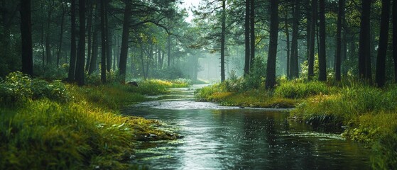 serene countryside landscape with tranquil river flowing through lush greenery and tall trees, creat