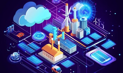 Poster - Integrated industrial automation for manufacturing 3D illustrations, 5G IOT revolution, and technology innovation illustrations. Production infrastructure.