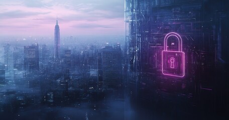 Poster - new york city buildings, cybersecurity holograms and lock circuits, privacy