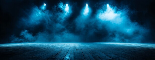 Wall Mural - an open stage with smoke and fog in the background getting highlighted by spotlights, professional p
