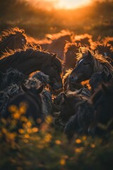 Wall Mural - A herd of horses illuminated by sunset, creating a warm and serene atmosphere.