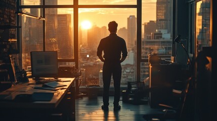 Poster - A Man Silhouetted Against a Sunset Over a City Skyline