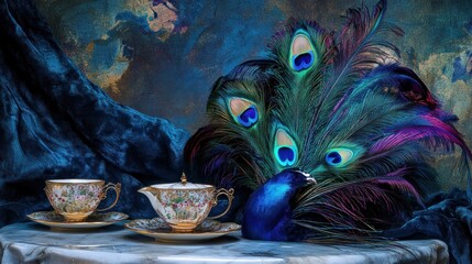 Wall Mural - Peacock Feathers and Teacups on a Marble Table