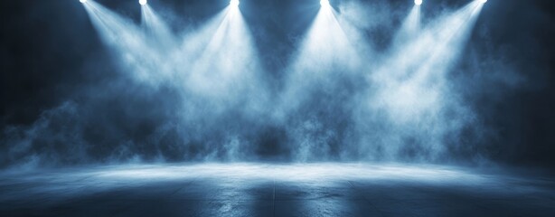 Wall Mural - an open stage with smoke and fog in the background getting highlighted by spotlights, professional p