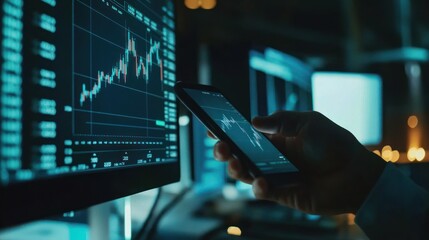 Poster - A Hand Holding a Smartphone Displays a Stock Market Graph, With a Computer Monitor Displaying Similar Data in the Background.
