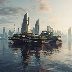 Poster - Futuristic Floating City Designed for Rising Sea Levels with Sustainable Technology