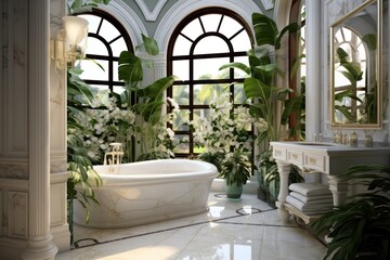 Sticker - Luxury bathroom design plant bathtub window.