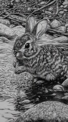 Wall Mural - A detailed black-and-white illustration of a rabbit near water, showcasing its natural habitat.