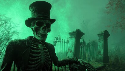 Skeleton in Top Hat Guarding Haunted Cemetery