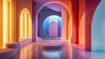 Poster - Colorful Abstract Room with Arched Doorways and Neon Lighting