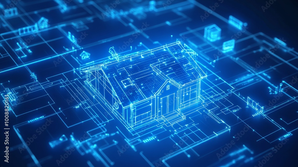 3D blueprint plan of a smart home with IoT device icons Conceptual ...