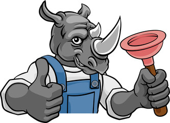 Wall Mural - Rhino Plumber Cartoon Mascot Holding Plunger