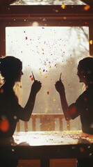 Poster - Two silhouetted figures celebrating with confetti, creating a joyful atmosphere.