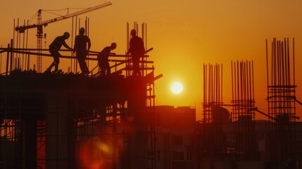 Poster - A group of construction workers are working on a building at sunset