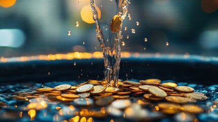 Coins cascade from a stream of water, creating enchanting ripples and shimmering reflections on the surface in a tranquil environment. The interplay of light enhances the whimsical charm