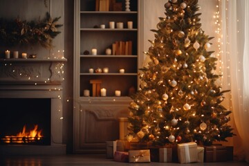 Canvas Print - Christmas tree christmas fireplace glowing.