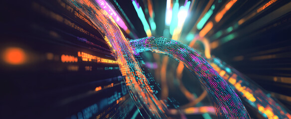 Poster - Digital stream in big data field. High-speed Internet and global cyber digitalization. Twisted strings of binary code in tunnel cyberspace 3D illustration