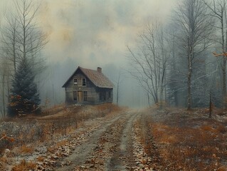 Sticker - Foggy Forest Path Leading to a Rustic Cabin