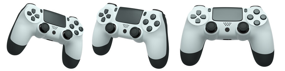 Collection of gaming controllers with different colors and designs for gaming enthusiasts isolated on white background with clipping path