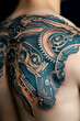 © tynza - Biomechanical tattoo of gears and wires blending into the skin, inked on the shoulder, detailed with metallic colors.