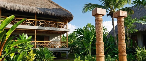 Wall Mural - rustic, tropical-style building with a thatched roof and bamboo elements. The layout features a two-story structure with a visible balcony adorned with bamboo railings