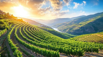 Wall Mural - Vineyard Landscape with Sunlit Hills and a Winding River