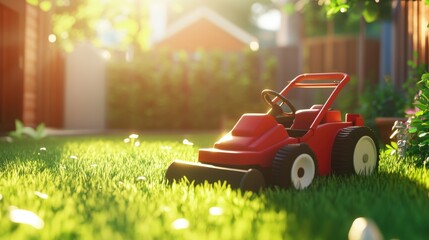 In a sunny backyard, a lawn mower trims lush green grass, symbolizing the satisfaction of a well-kept lawn and the beauty of outdoor living.