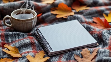 Poster - Image of a notebook, a blank white notebook, placed on a blanket with a cup of coffee next to it, representing writing, narrating stories, writing work, peace and relaxation.