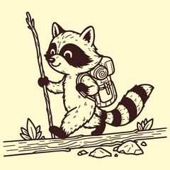 traveling raccoon with a backpack and a wooden stick, hiking vintage sketch