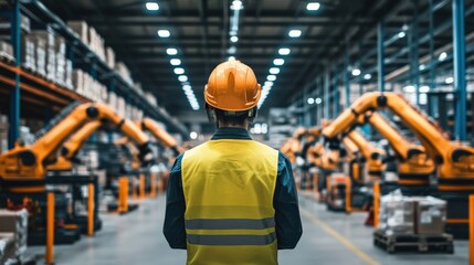 Poster - a worker wearing a safety vest and hard hat observes the automated robotic arms handling tasks in a 