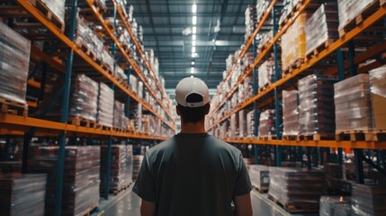 Poster - A worker stands in a busy warehouse, overseeing multiple operations while surrounded by neatly stacked pallets and shelves filled with supplies
