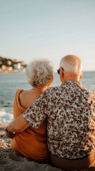 Sticker - An elderly couple embraces at the beach, enjoying a serene moment by the water.