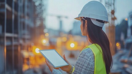 Wall Mural - Woman Engineer Inspecting Construction Site with Tablet