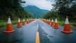 ©  premium content - Traffic Cones Lining a Roadside for Traffic Management and Safety