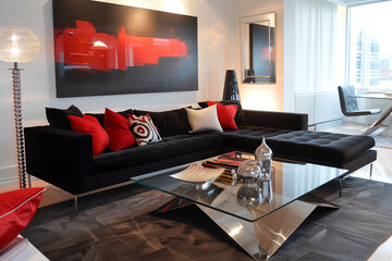 Poster - Modern living room with a sleek black sectional, complemented by bold red throw pillows, an angular glass coffee table, and metallic accents. interior design concept 